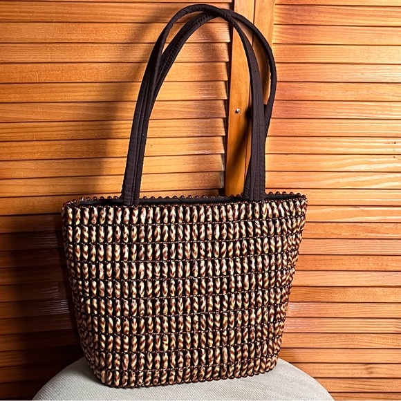 Brown Woven Beaded Tote Bag with Matching Wallet Size Purse - Picture 5 of 7